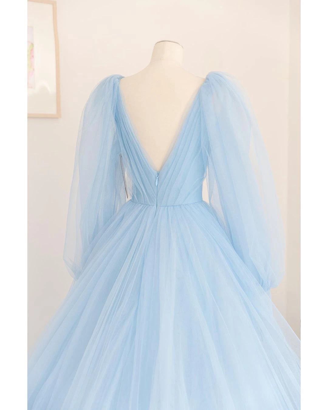 Light Sky Blue Prom Dress Fluffy Tulle Floral Dress With Train V Neck Elegant Women Evening Dresses Long Dress Ever Pretty