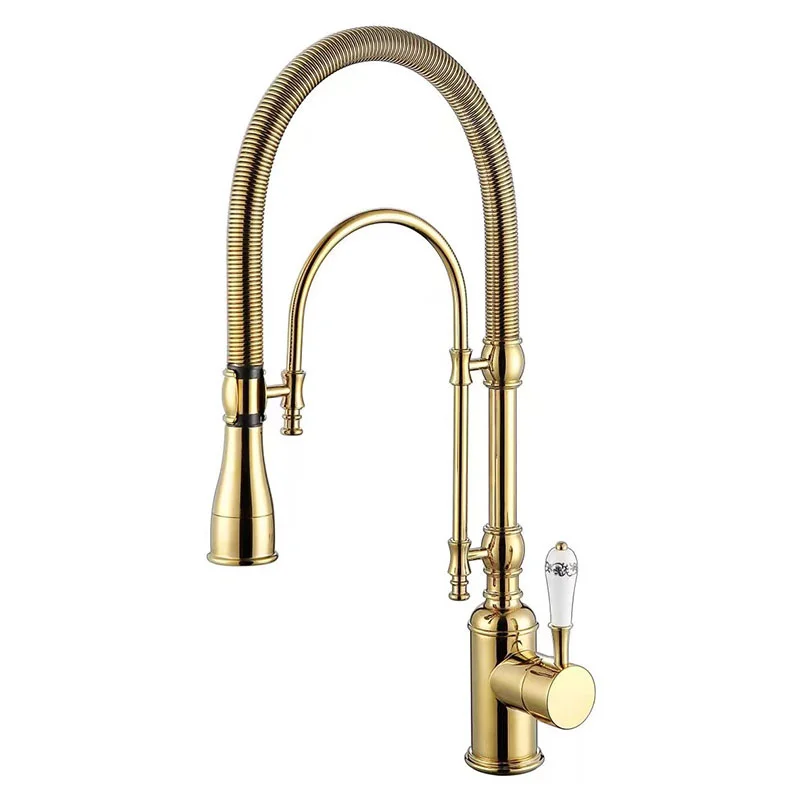 Gold Kitchen Sink Faucets, Hot and Cold Brass Rotating Mixer Tap, Pull Out Spray Nozzle, Single Handle, Dual Outlet, Deck Mount