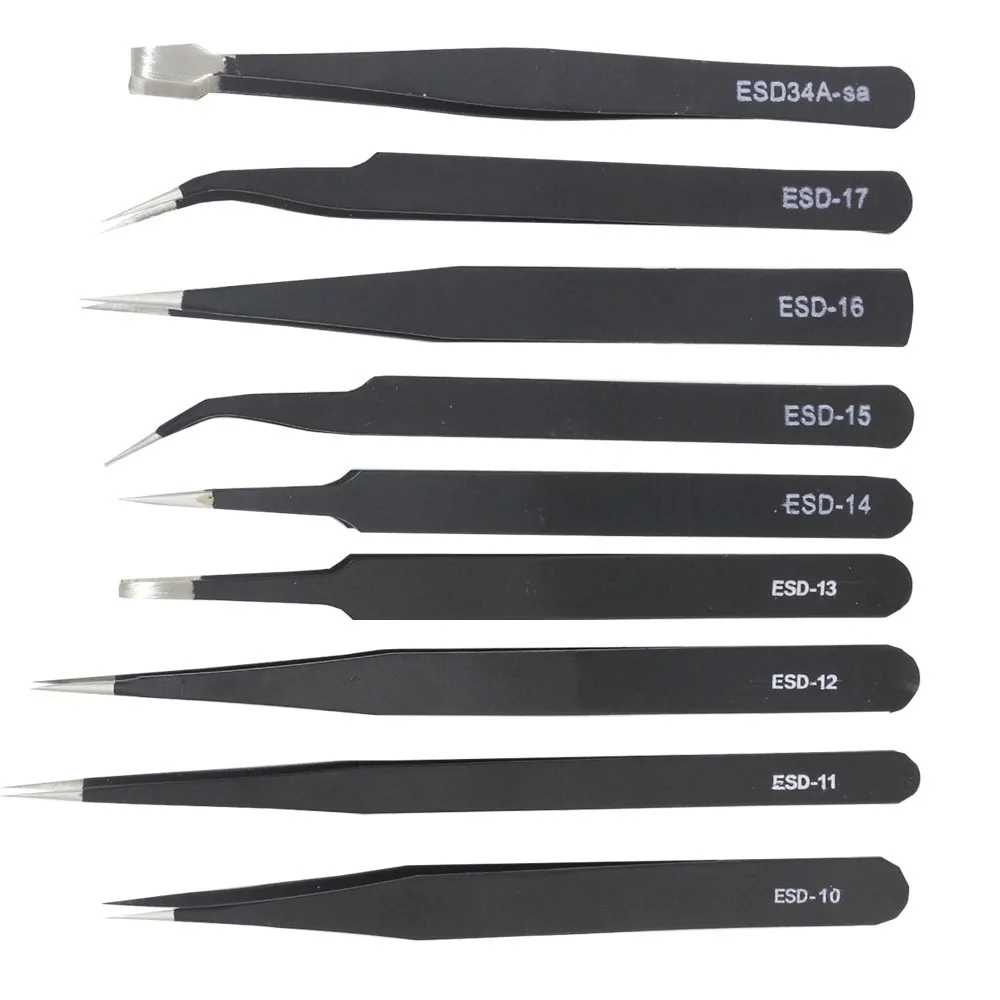 1 PC Precision Black Tweezers -10 11/12/13/14/15/16/17/34 Pointed Elbow Straight Edge Tweezers Stainless Steel Tool