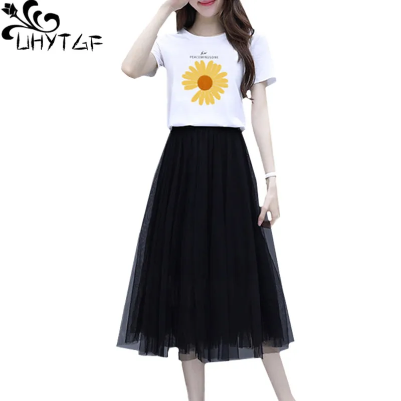 UHYTGF Cute Girl Summer Two Piece Set Women's Small Daisies Short Sleeve T-Shirt +Mesh Skirt Student Skirt Set Female Dress 1145