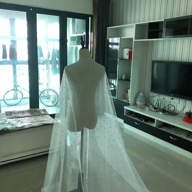 Real Image luxury Wedding Jackets Crystals front Open White Ivory Bolero Soft Tulle Cap Sheer Custom Made Bridal Long Jacket