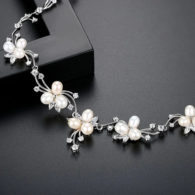 FXLRY Romantic Freshwater Pearl Bridal Flower Clear CZ Crystal Necklace Earrings Set For Women Jewelry