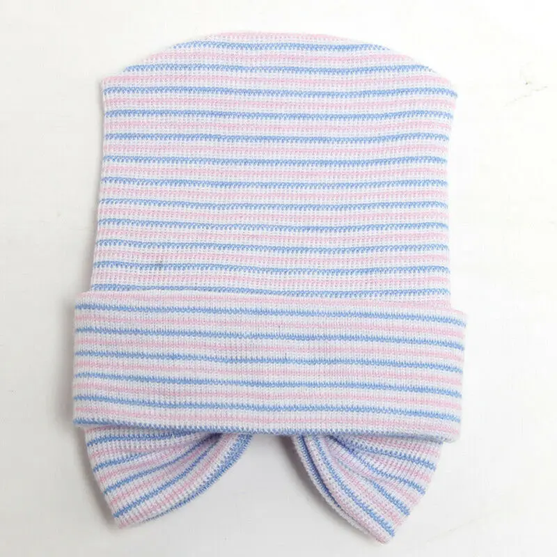 Newborn Baby Girls Striped Headband Headwear Toddler Soft Beanie Hat with Bow