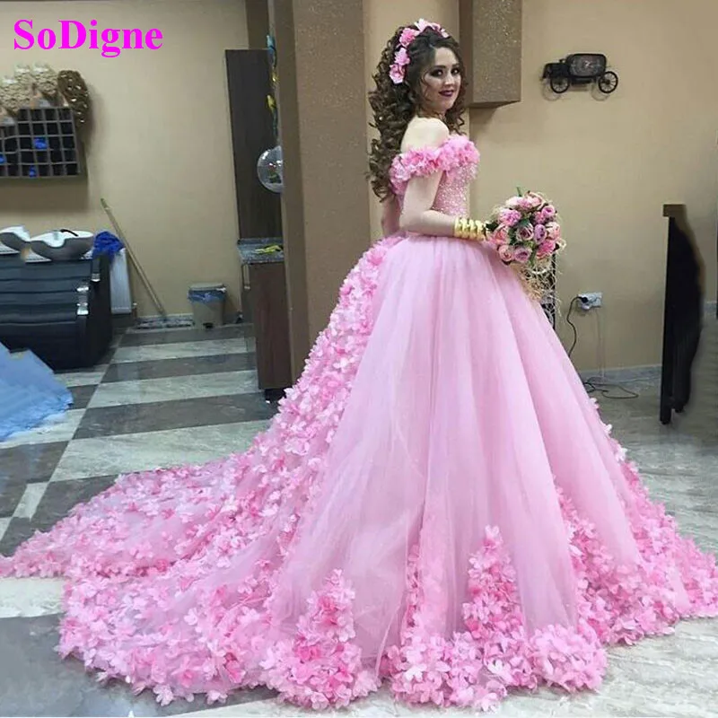 Sodigne Quinceanera Jurken Baljurk Off Shoulder 3D Rose Bloemen Puffy Roze Zoete 16 Jurk Celebrity Partij Jassen Graduation