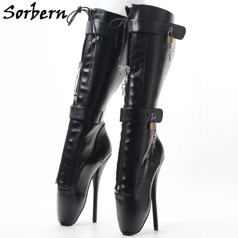 Sorbern Sexy Bockable Zipper Mid Calf Boots Ballet Stilettos Locks Keys Double Straps Sm Slave Boots Plus Size Unisex Shoes