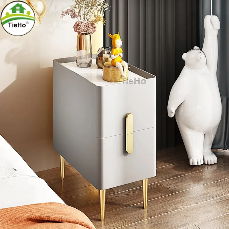 

Luxury 30cm Narrow Nightstand with Marble Top 2 Drawers Bedside Table PU Leather Bedroom Nightstand Organizer Mini Table