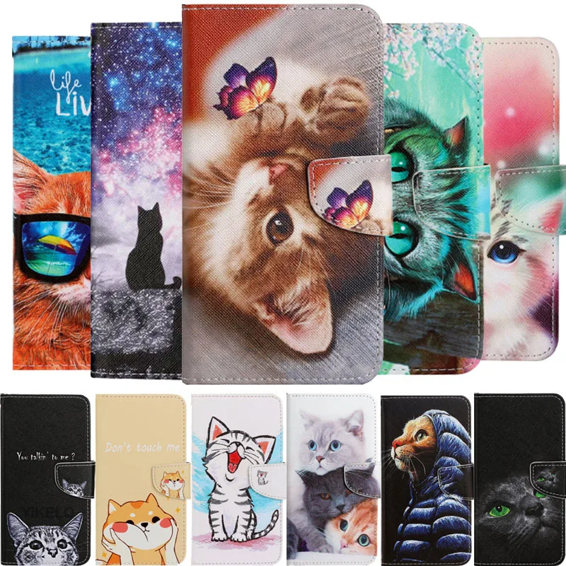 Stylish Lovely Cat Leather Case For Samsung Galaxy S10E S20 S21 FE S22 Plus Note 20 Ultra A50 A30 A20 A10 A70 40 A20E Book Cover