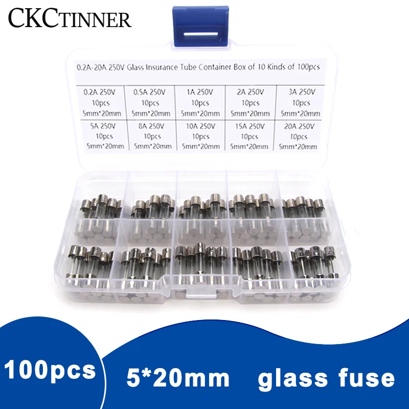 

100Pcs/Set 5x20mm Quick Blow Glass Tube Fuse 0.2A0.5A 1A 2A 3A 5A 8A 10A 15A 20A Assorted BoxedKits Fast-blow Glass Fuses