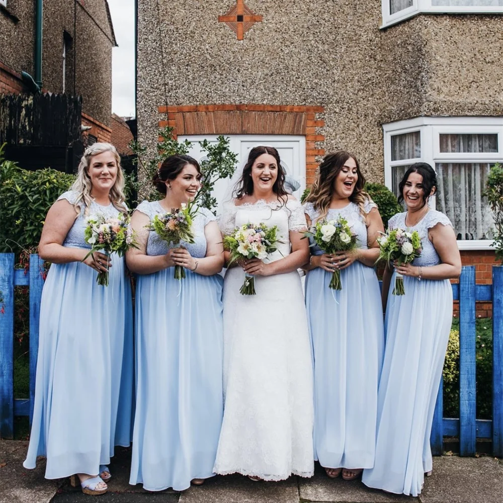 Charmante robe de demoiselle d'honneur formelle de mariage bleu clair, col rond, appliques en dentelle, longueur au sol, soirée, quelle que soit la nouvelle arrivée