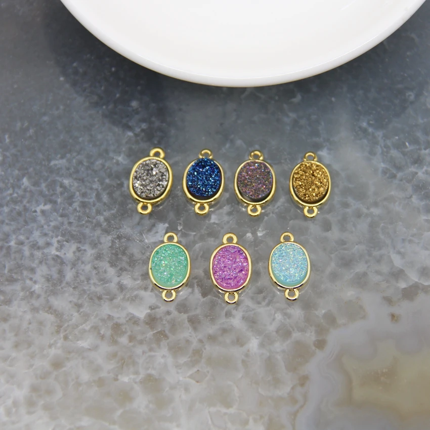 

5pcs,10x12mm Flat Oval Connectors Agates Geode Druzy Slab Pendants,Natural Quartz Drusy Charms Bracelets Necklace Jewelry Making