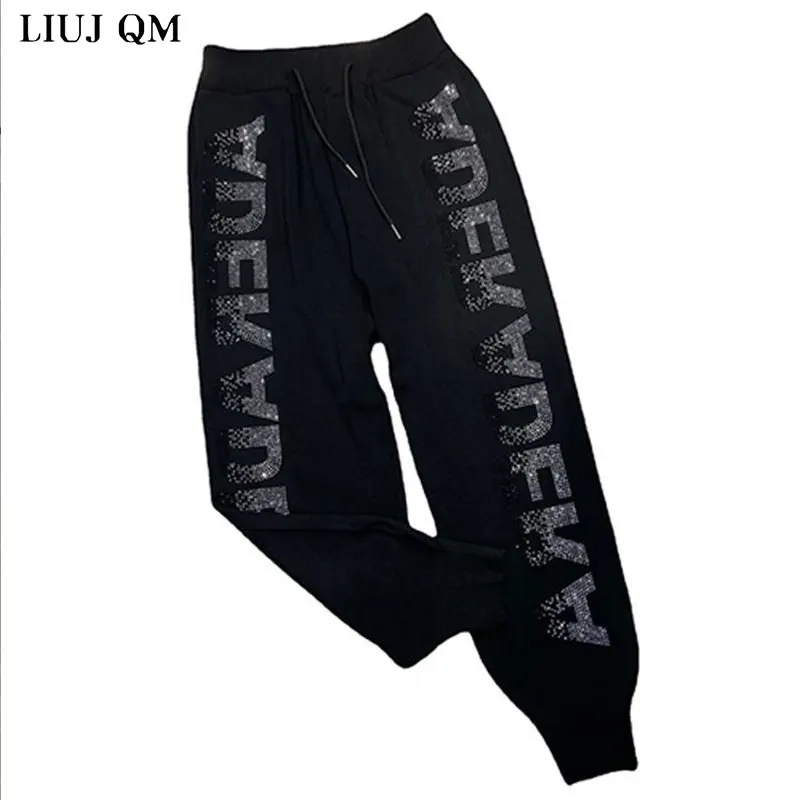 2024 Autumn New Loose High-waist Knitted Pants Women Heavy Industry Letters Hot Drilling Casual Trousers High Harem Pants