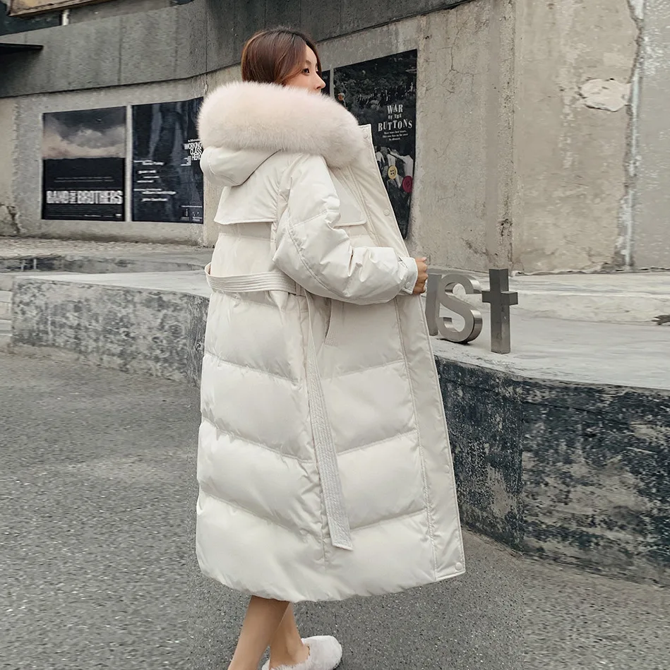 Winter Big Fur Hood Puffer Jacket Knee Length Slim White Duck Down Padded Overcoat With Belt Office Lady Down Parkas JK-884