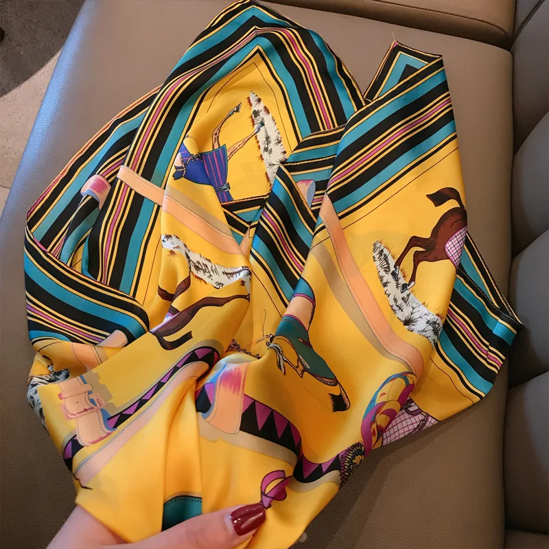 Kadın eşarplar ipek Foulard kare eşarp bayanlar lüks marka 90*90cm yaz plaj şallar Bandana at sarar başörtüsü kadın