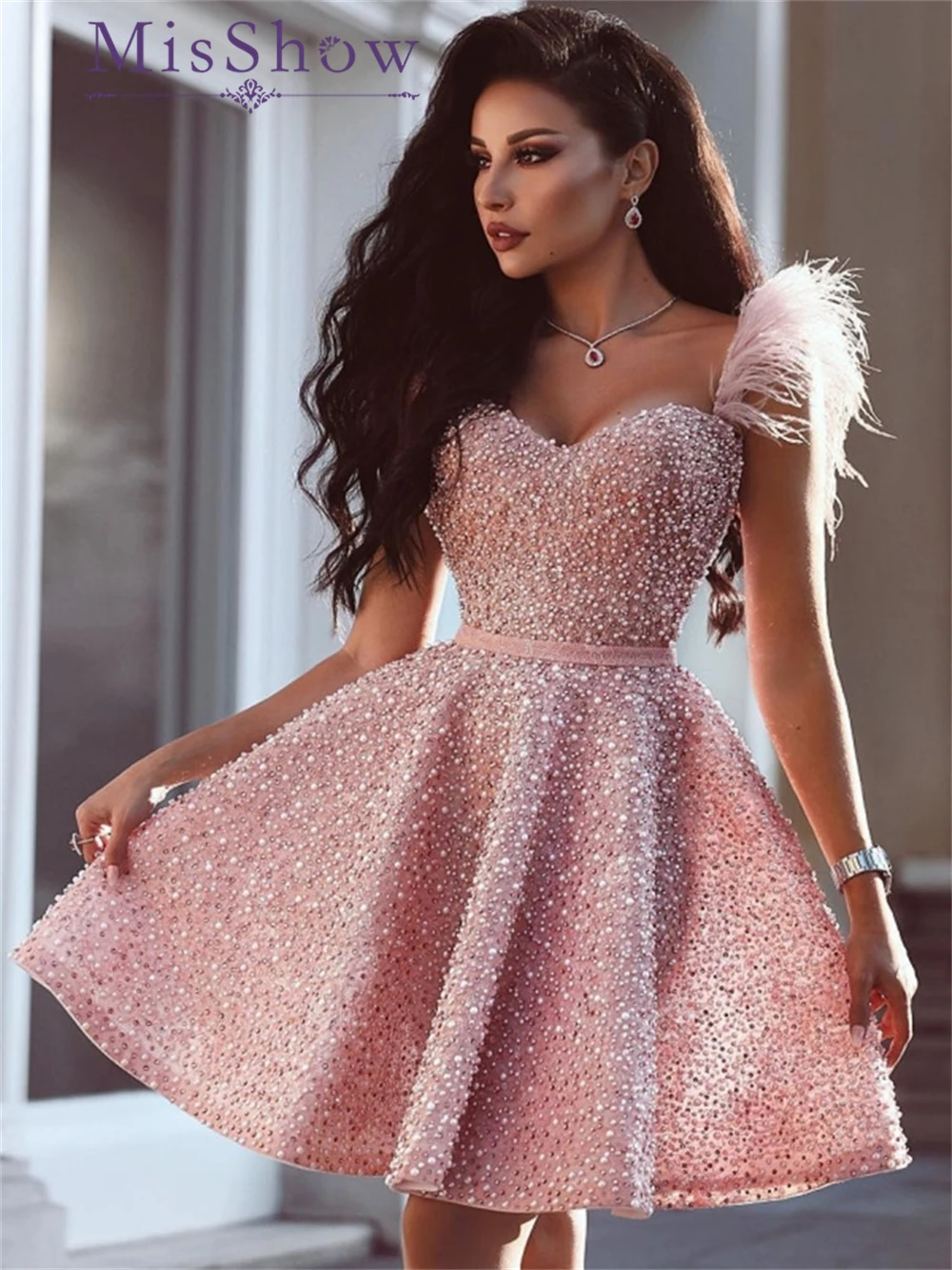 MisShow Luxury Pink Feathers Short Dress for Women Beaded Glitter Midi Female Dresses for Casual Party Homecoming