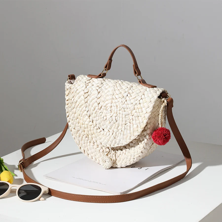 Casual Summer Handmade Straw Bags Women Rattan Handbag Half Moon Shoulder Bags All-Match Travel Weave Messenger Crossbody Bag