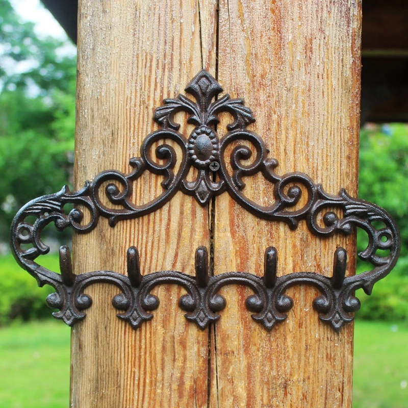 Antique Black Cast Iron Wall Mounted Hook With 5 Hangers European Farm House Accents Handmade Home Garden Decor Metal Racks