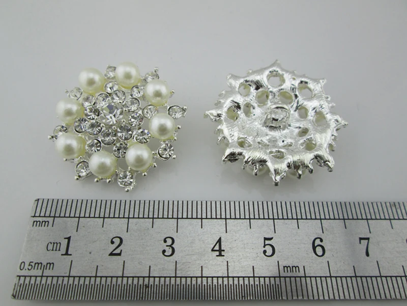 (BT283 35mm)5pcs Metal Rhinestone Button Shiny Ivory Pearl Beads Decorative Buttons Craft Supplies