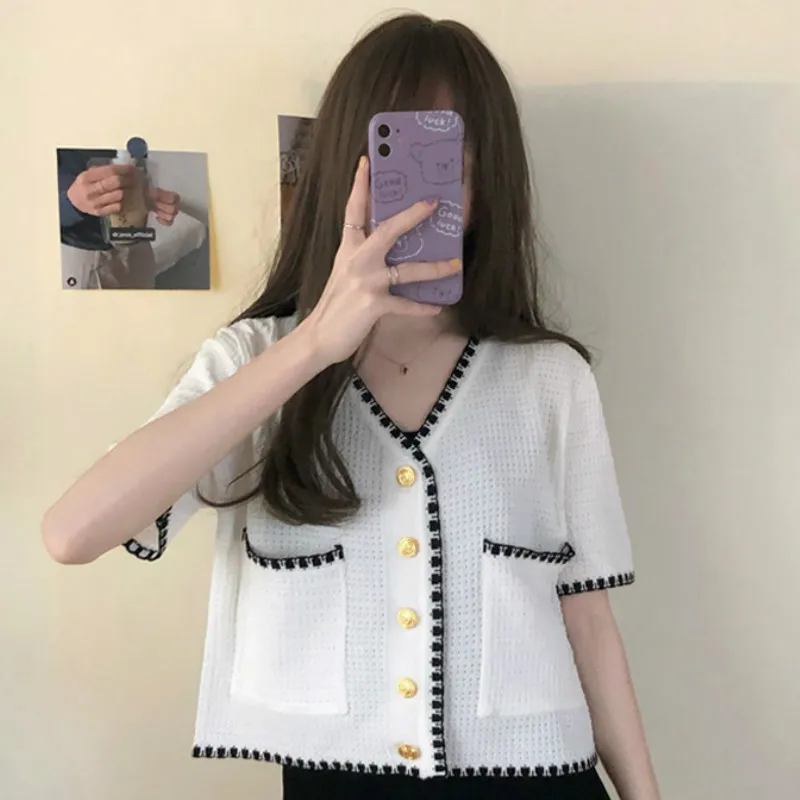 Shirts Women V-neck Knitwear Crop Tunic Short Sleeve Summer Korean Style Panelled New Arrival Open Front All-match Leisure Daily