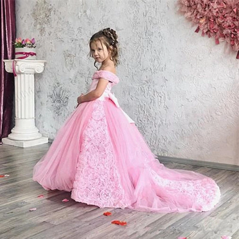 Off the Shoulder Pink Flower Girl Dress 3D Floral Pageant Dresses Birthday Party