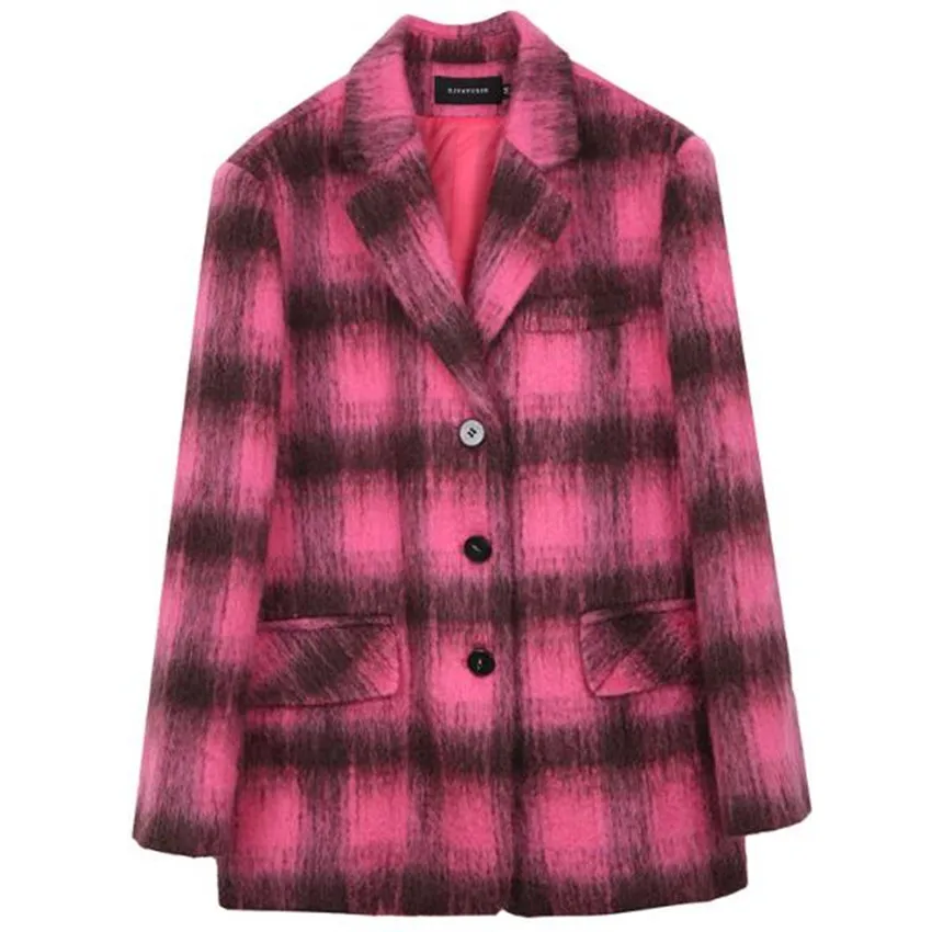 Autumn winter vintage plaid thick blazer women single breasted loose warm outwear