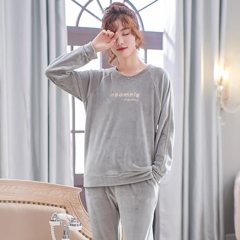 여성 o-넥 잠옷 세트 섬 양털-긴팔 가을 겨울 Pyjama 느슨한 여성 홈 세트 편지 Sleepwear 탑스 + 바지 2pc