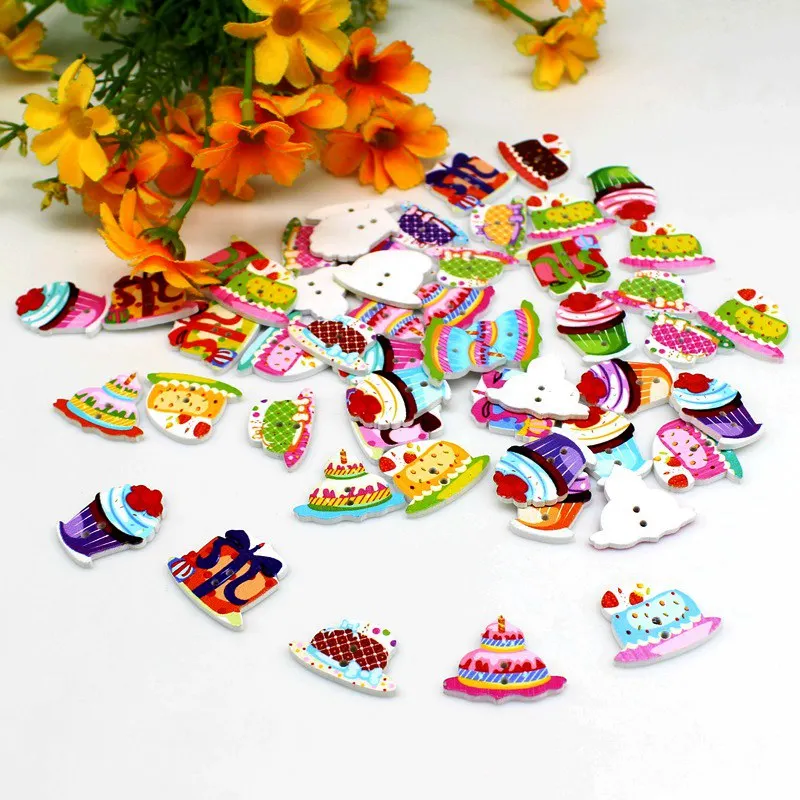 50pcs Mixed cake Wood Buttons Cartoon buttons For Scrapbooking Decorations And DIY craft accessorie