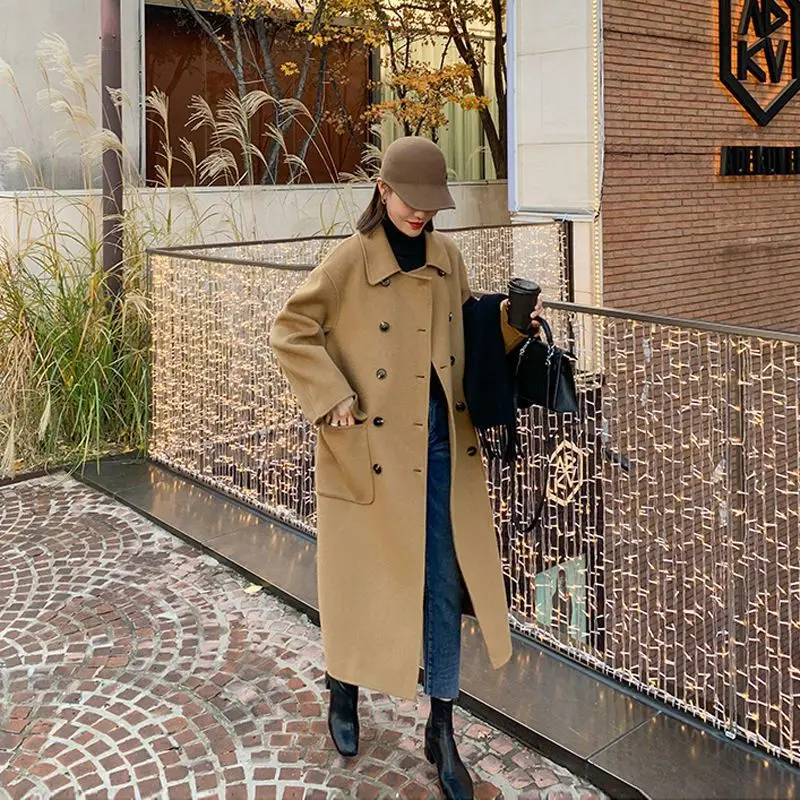 

British Double-breasted Lapel Wool Coat Women 2022Fall Winter Double-sided Cashmere Overcoat Loose Drop Shoulder Pocket Outwear