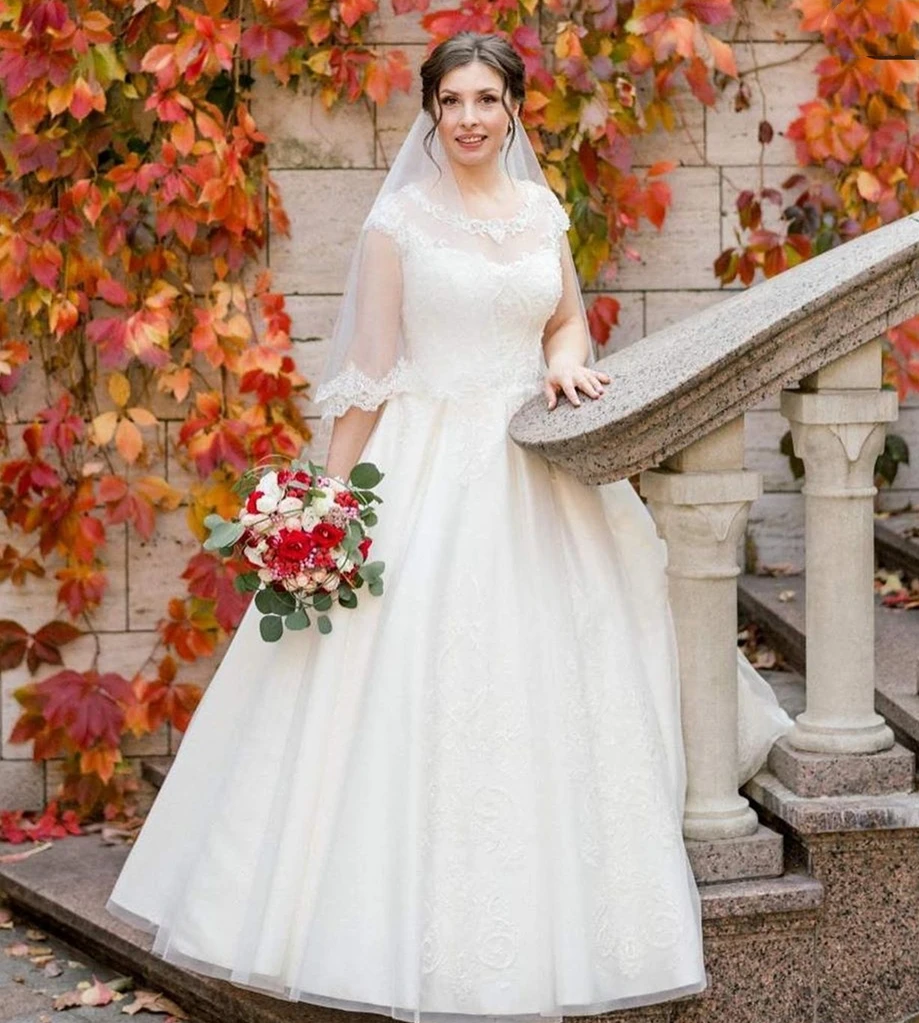 Vestido de noiva linha a com apliques, veste de casamento longo de renda manga curta tule branco vestido de noiva elegante com zíper nas costas