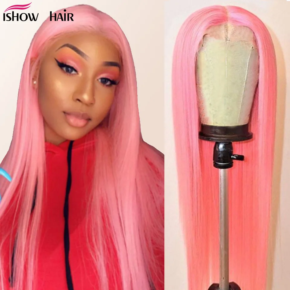 

Ishow Pink Lace Front Wig Brazilian Straight Human Hair Wigs 150% Density Bule/Green/613 Blonde Lace Wigs For Women Pre Plucked