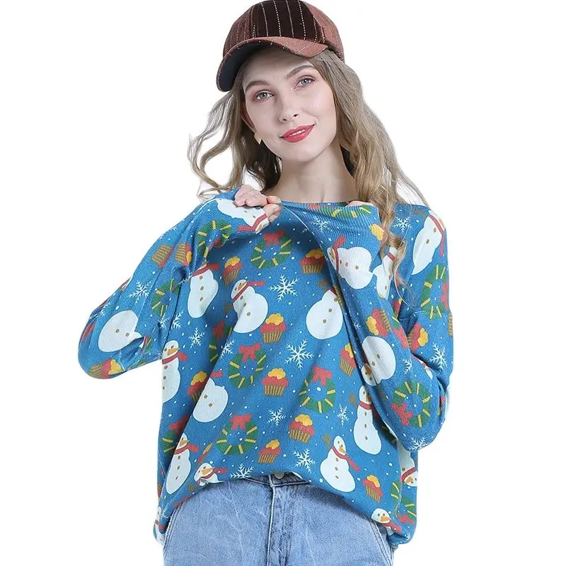 

【Christmas Sweater】Winter Snowman Print Sweater For Women Knitted Pullovers O-Neck Oversized Warm Jumper High Elastic Pull Femme