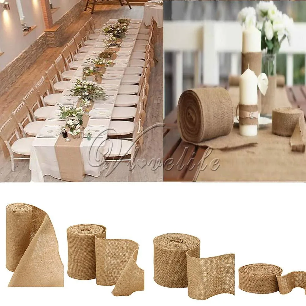 

10 m Hessian Burlap Ribbon Roll Vintage Rustic Natural Wedding Table Runner chair decor burlap table runner for home banquet