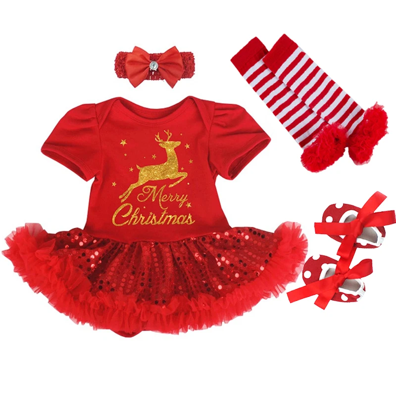 Baby Girl Dresses Red Elk Bling-bling Tulle Dress for First Christmas Dress+Shoes+Headband+Socks 4pcs Suit Kids Clothes 6 12 18M