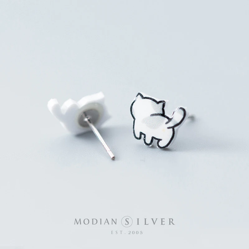 Modian-bonito Lucky Cat Stud Brincos para meninas, 925 Sterling Silver, adoráveis jóias, presentes para crianças, acessórios de moda