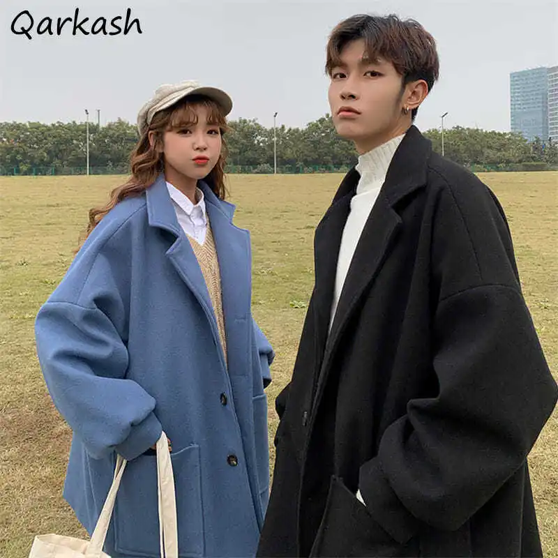 

Women Wool Blends Couples Autumn Winter Outwear Ulzzang Fashion England Style All-match Warm Casual Single Breasted Unisex Chic