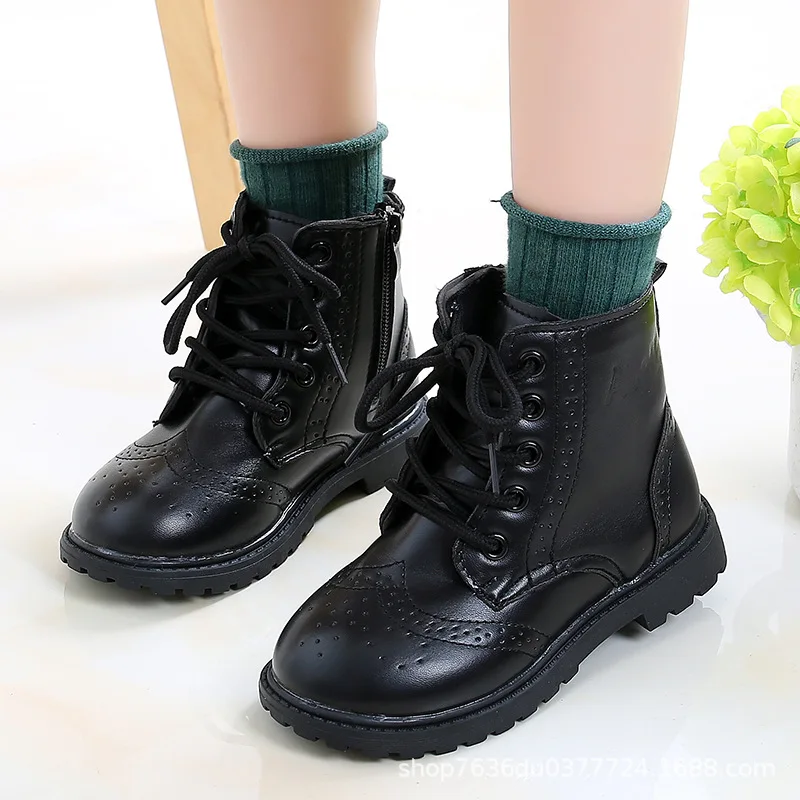 Boys Boots Girls Tide Boots Black Leather Classic Kids Ankle Boots Size 21-37 Cross-tied Zip Children\'s Tide Boots Soft Autumn