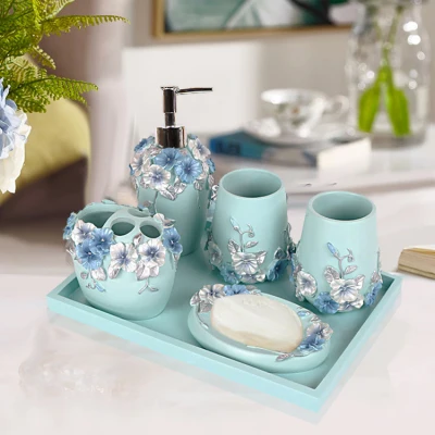 Blue Bath Combination Kit Toilet Cleaning Brush Bathroom Accessories Set Tissue Box Cosmetic Case Cotton Swab Box Desktop Storag