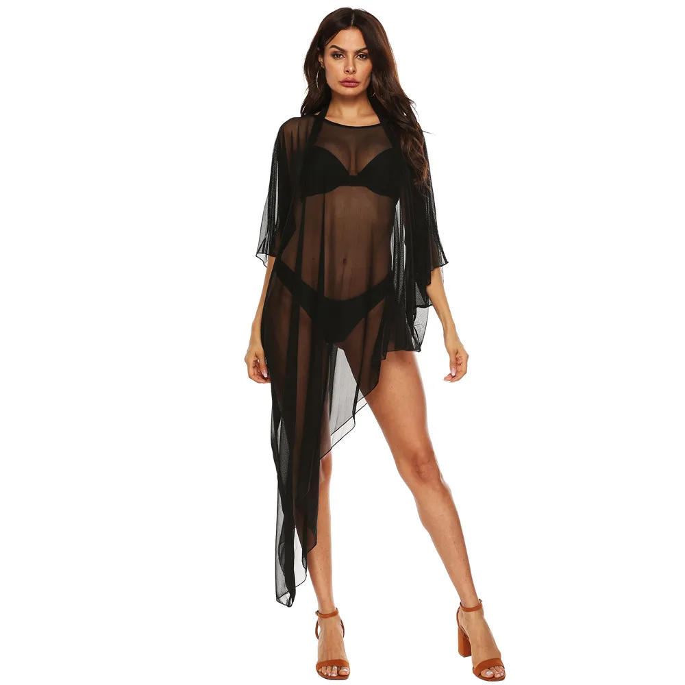 Caftán de encaje para mujer, Túnica de malla negra, Pareo transparente, ropa de playa