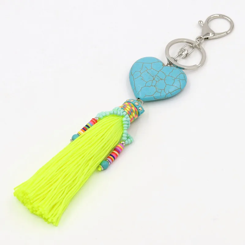 Fashion Women Bag Accessories Pendant Heart-shaped Stone Tassel Key Chain Female Gift Boho Jewelry Car Keychain