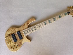 5 Strings Natural Electric Bass with Burl Maple Veneer,Maple Fretboard,Abalone Inlay