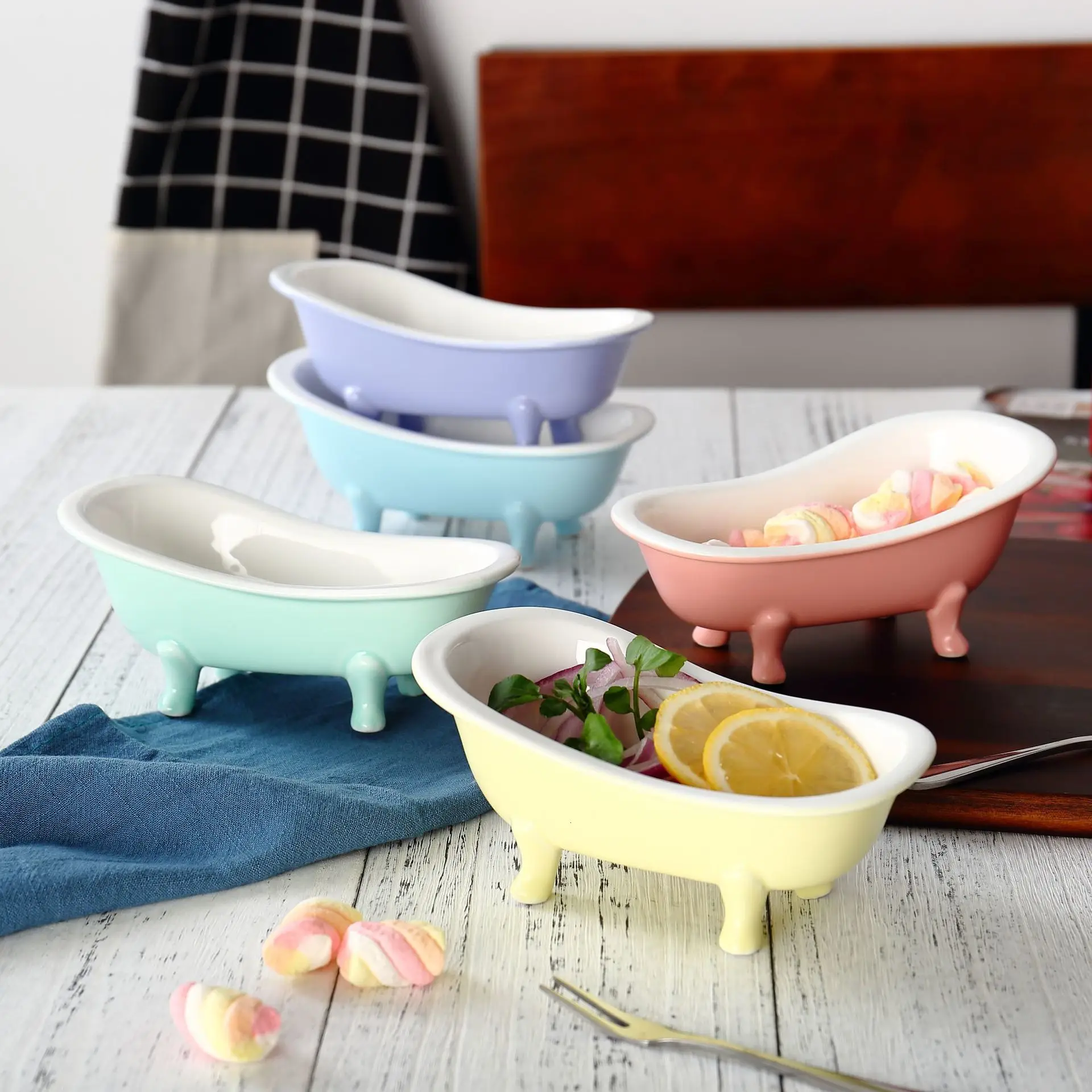 Colorful Mcaron Bathtub Ice Cream Dessert Bowls Ceramic Baking Bowl Specialty Restaurant Fruits Salad Snack Container Sauce Cup