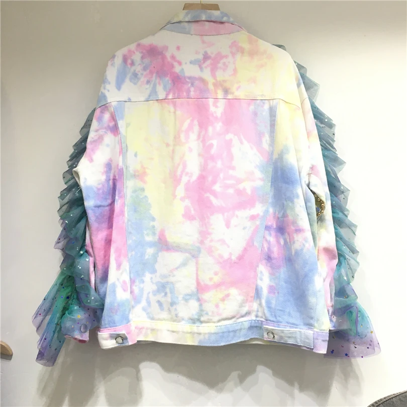 2023 Spring New Fashion Chic Denim Jacket For Women Loose Short Beading Sequins Tie-dyed Jean Coat Female Hipster Streetwear