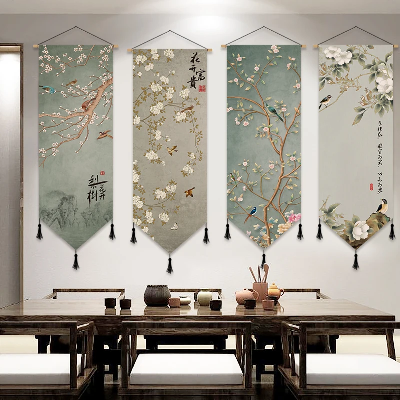 

Chinese Style Scroll Painting Living Room Home Decor Flower Birds Wall Art Canvas Painting Poster Hang Wall Tapestry Tassels