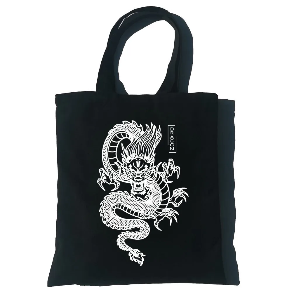 Dragon Printing Women Canvas Shopper Bag Girl Harajuku Large Capacity Punk Gothic Black Tote Classic Vintage Shoulder Handbag