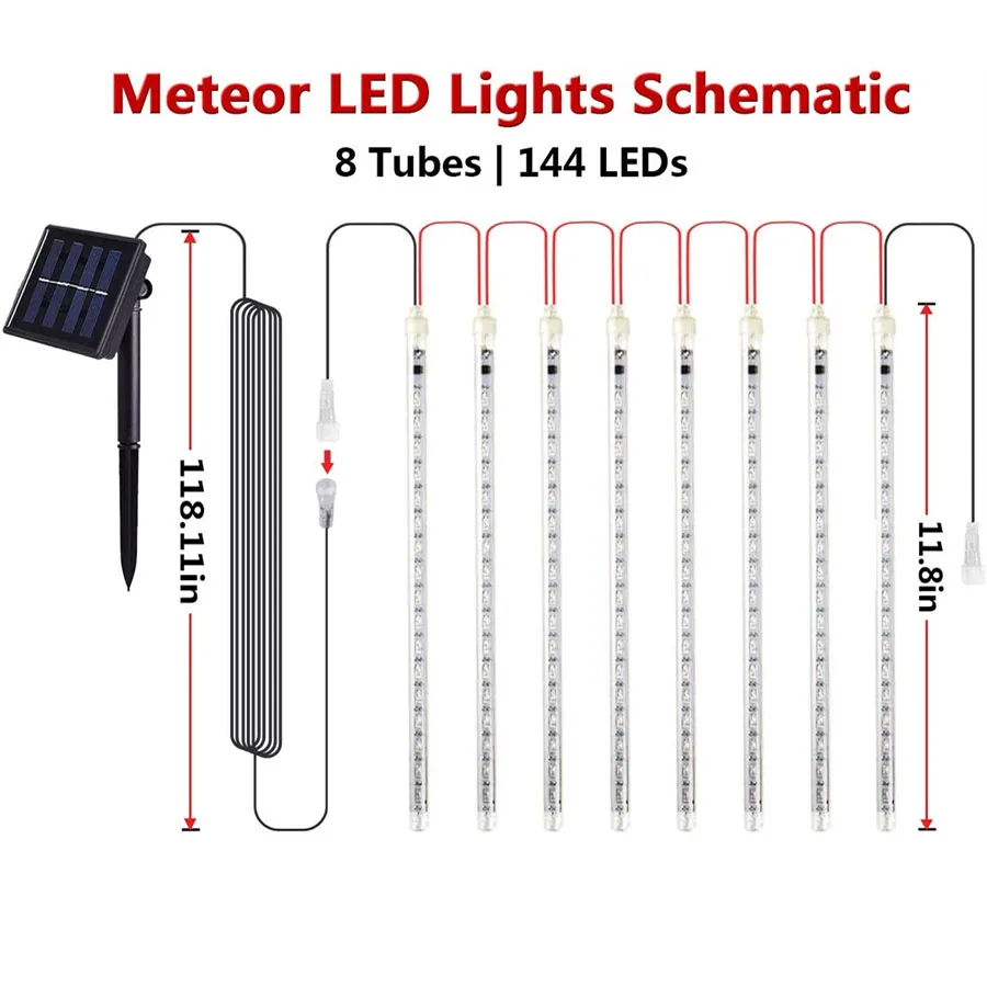 Solar Led String Light Garland 8 Tubes Solar Meteor Shower Rain Light Outdoor Fall Raindrop Christmas Light For Garden Tree Roof