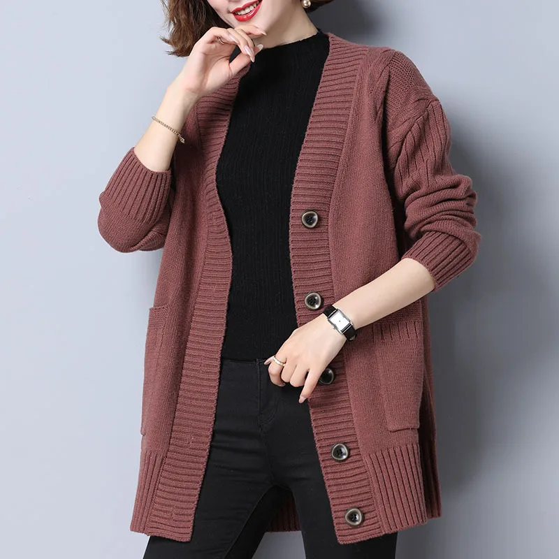 Fdfklak New Fall Winter Long Sleeve Loose Wool Sweater Women\'s Knitted Cardigan Button Single-Breasted Sweater Pull Femme