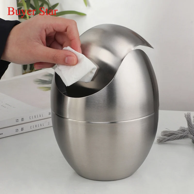 Gold Mini Metal Waste Bin Desktop Garbage Basket Egg-shaped stainless steel trash can with removable Swing lid Dustbin Basket