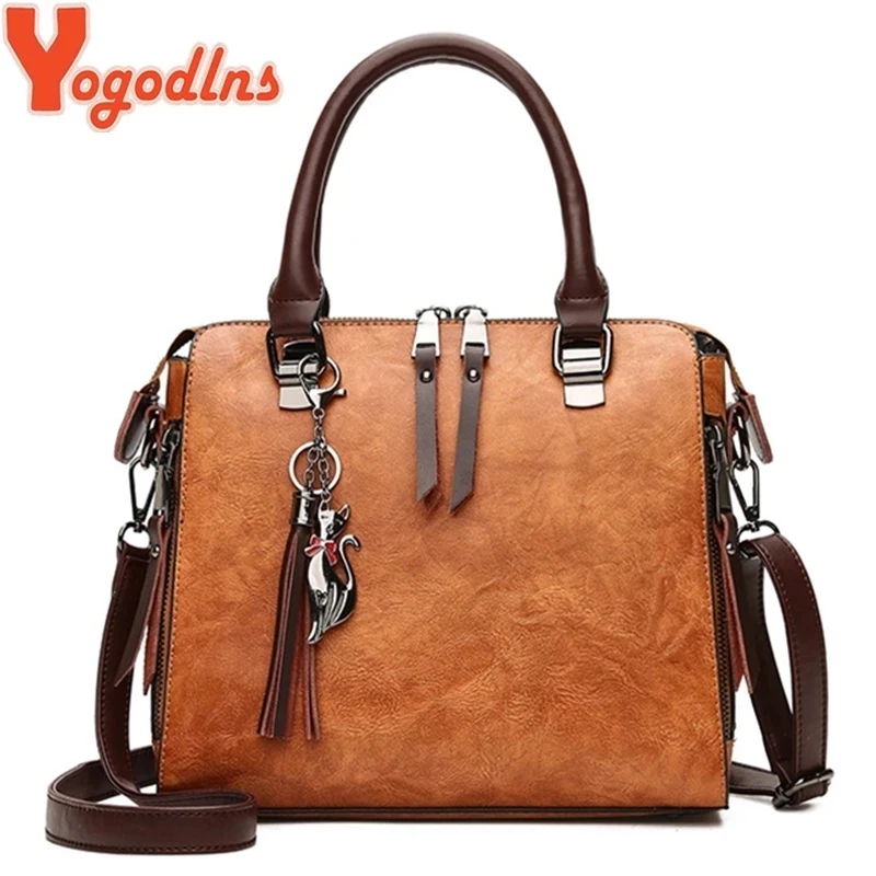 Yogodlns Vintage Cat Tassel Luxury Handbag Women Bags Double Zipper Crossbody Bags Shoulder Bag Casual Shell Tote Ladie