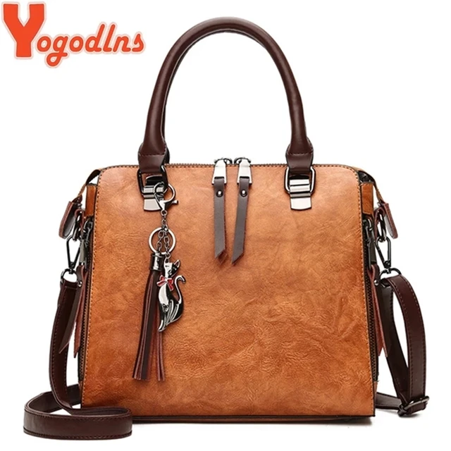 Yogodlns Vintage Cat Tassel luksusowa torebka damska torby podwójny zamek błyskawiczny torby Crossbody torba na ramię Casual Shell Tote Ladie