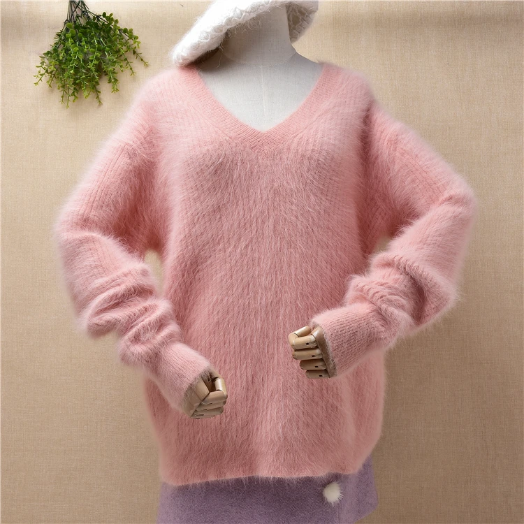 

ladies women fashion sweet pink hairy fuzzy mink cashmere knitted v-neck long sleeves loose pullover angora fur jumper sweater