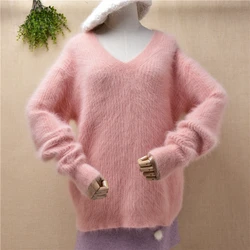 ladies women fashion sweet pink hairy fuzzy mink cashmere knitted v-neck long sleeves loose pullover angora fur jumper sweater